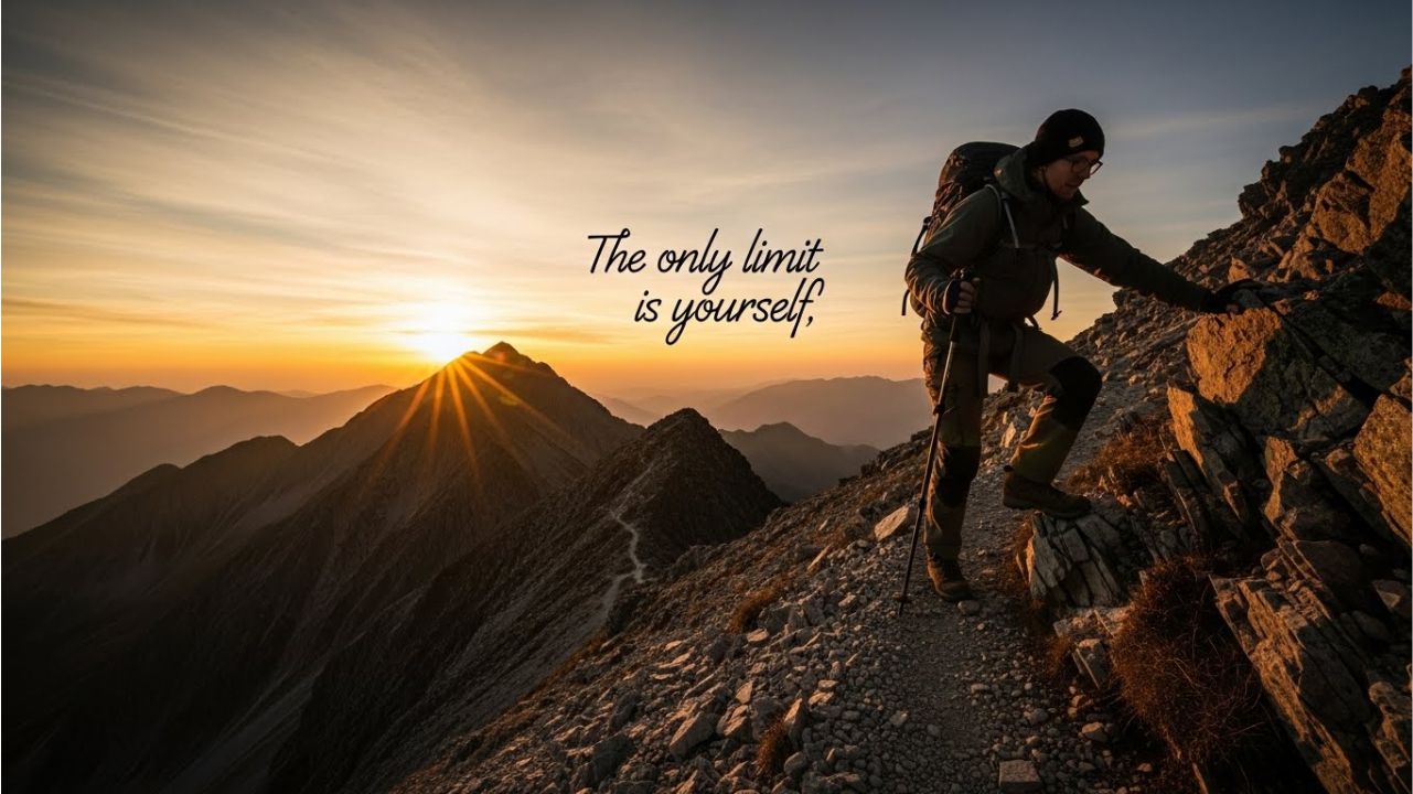 A leader climbing a mountain, symbolizing inner strength, courage, and resilience in leadership.