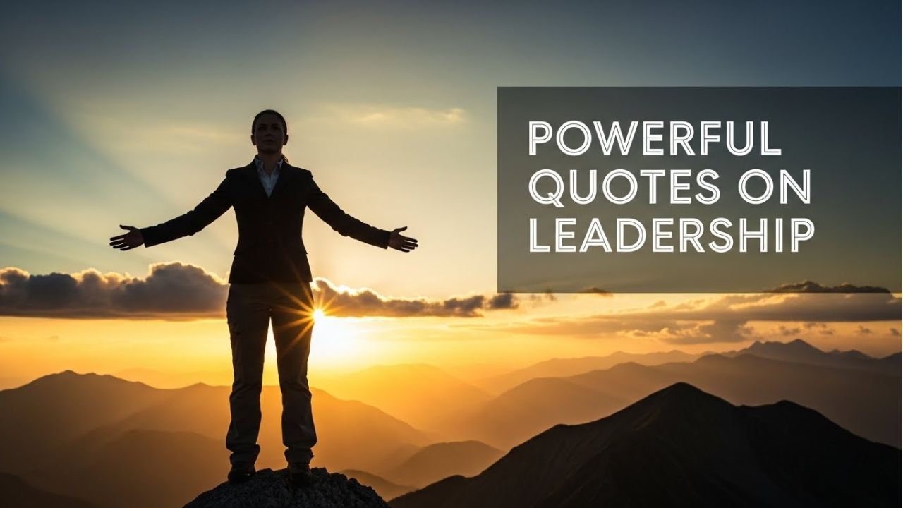 A confident leader standing on a mountain peak at sunrise, representing unshakable leadership confidence.