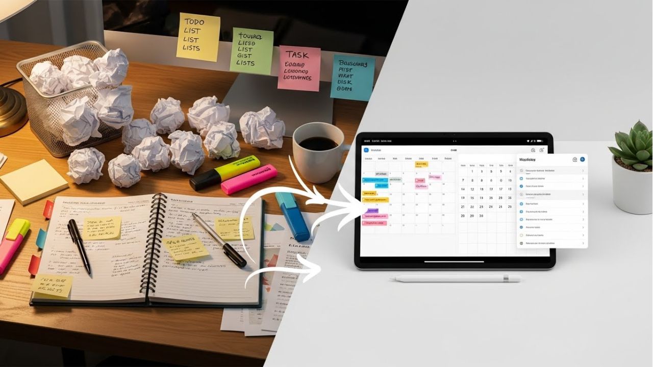 Comparison of traditional study methods with paper planners versus productivity apps for students on digital devices.
