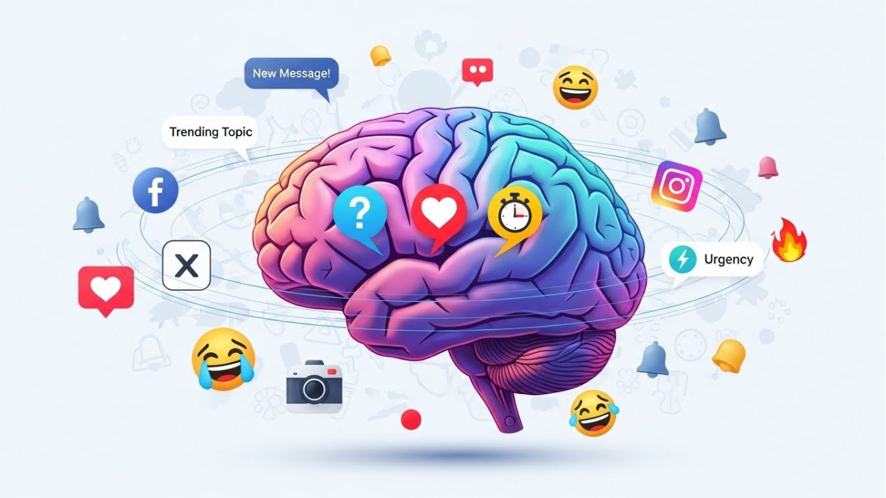 "Illustration showing the psychology of social media hooks, including curiosity, emotion, and urgency."