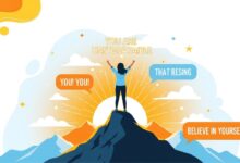 Thumbnail image of a confident person standing on a mountain peak with arms raised, surrounded by inspirational self-esteem quotes and bright sunrise colors.