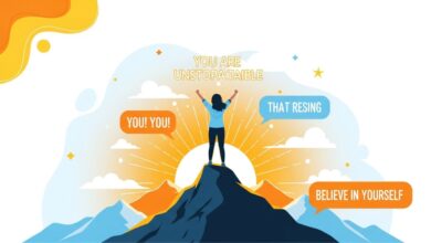 Thumbnail image of a confident person standing on a mountain peak with arms raised, surrounded by inspirational self-esteem quotes and bright sunrise colors.
