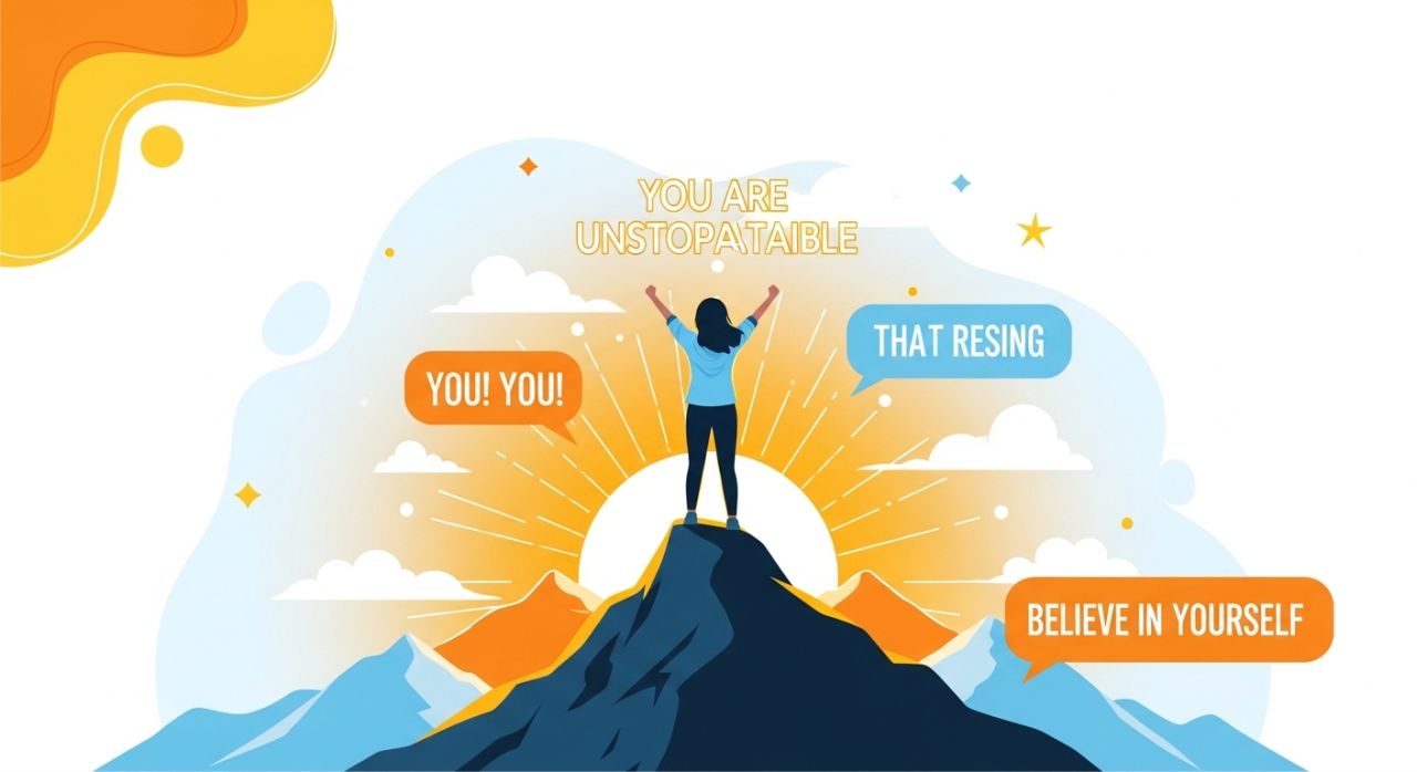 Thumbnail image of a confident person standing on a mountain peak with arms raised, surrounded by inspirational self-esteem quotes and bright sunrise colors.