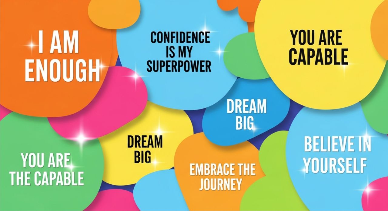 Colorful collage of short self-esteem quotes with bold typography and glowing, uplifting effects.
