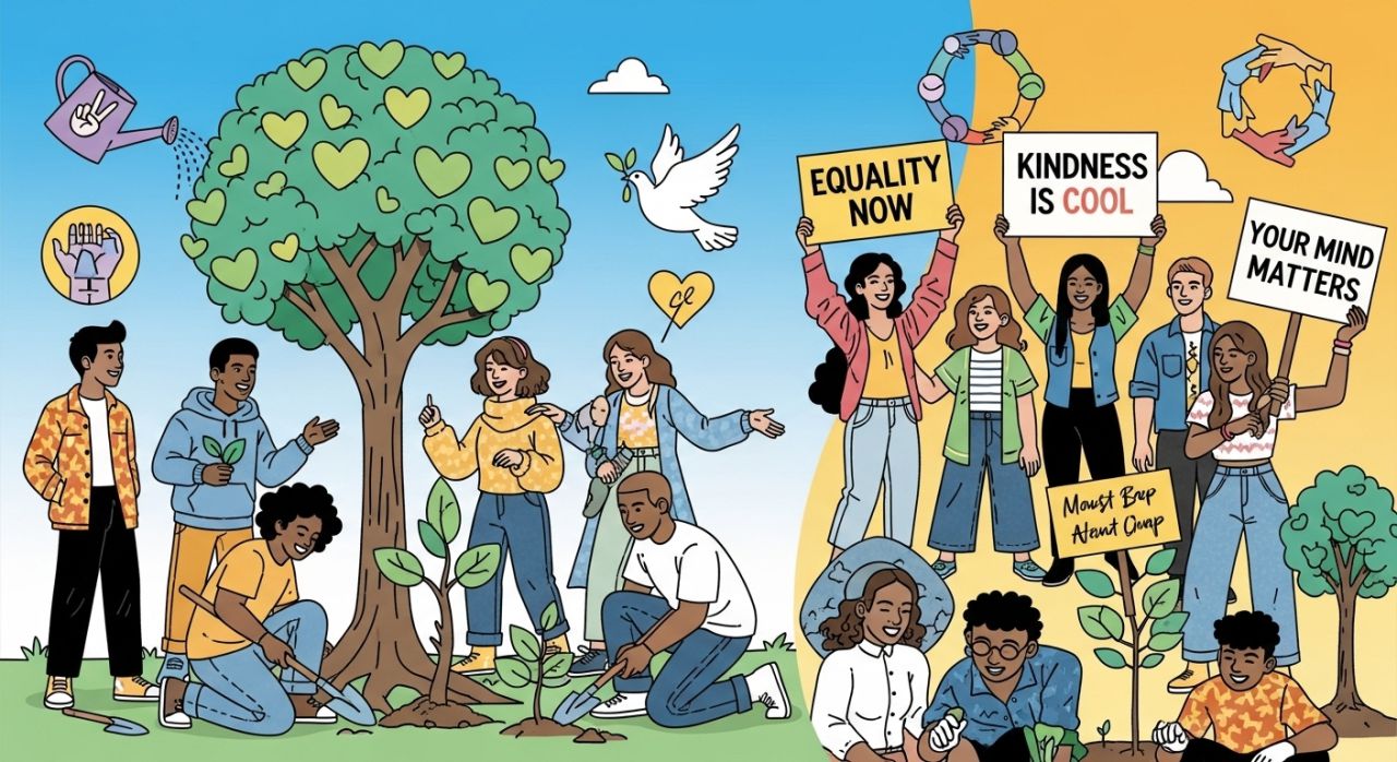 Gen Z activists promoting sustainability, equality, and social awareness, reflecting strong values.