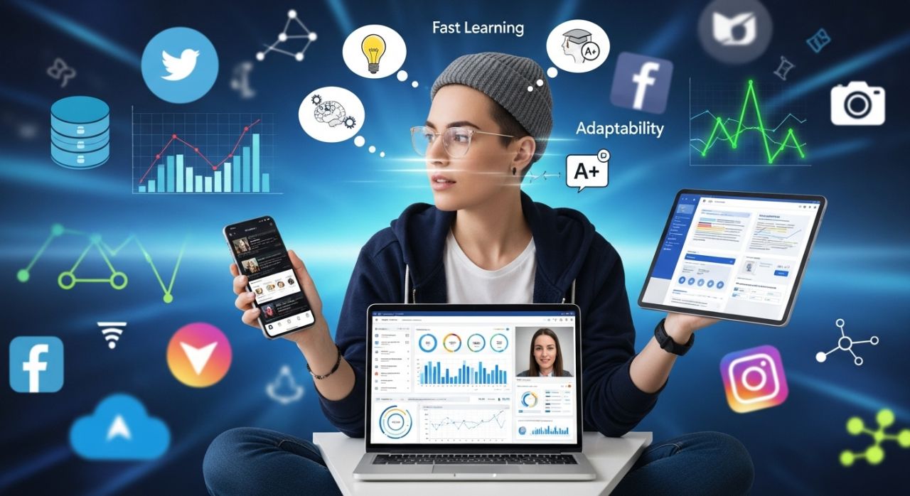 Gen Z person using multiple digital devices, showing tech fluency, adaptability, and digital-native skills.