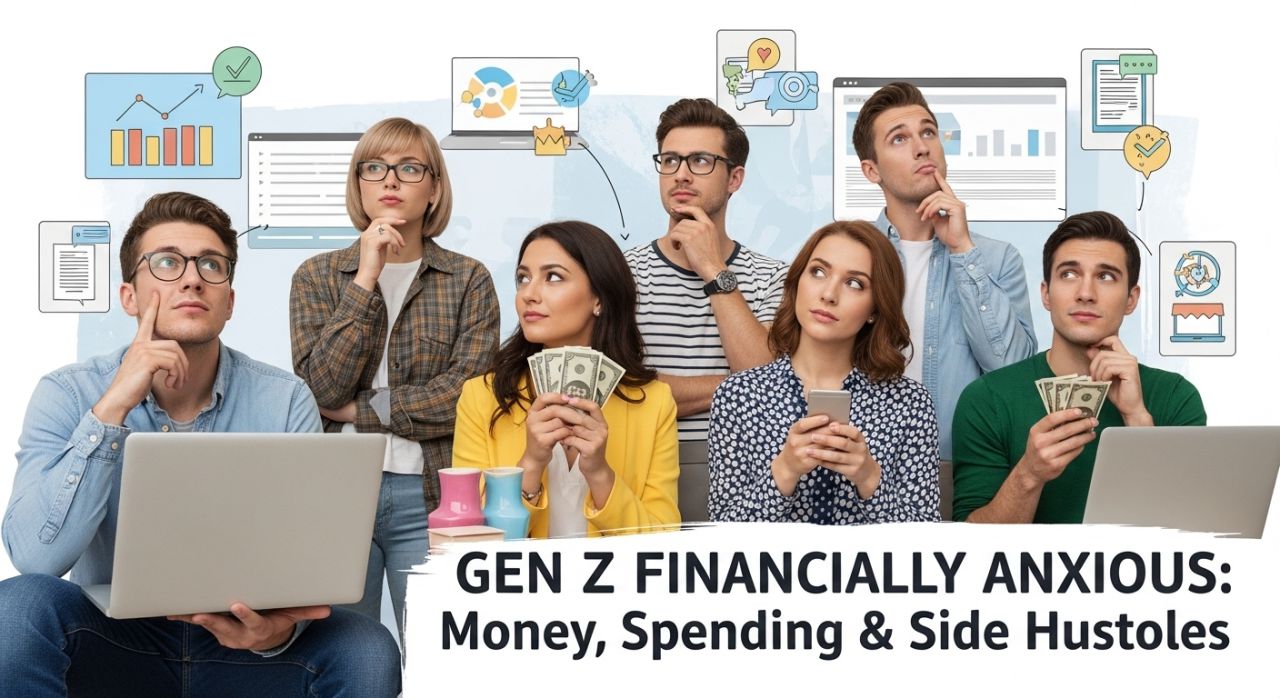 Gen Z young adults managing money, side hustles, and spending habits with digital tools.