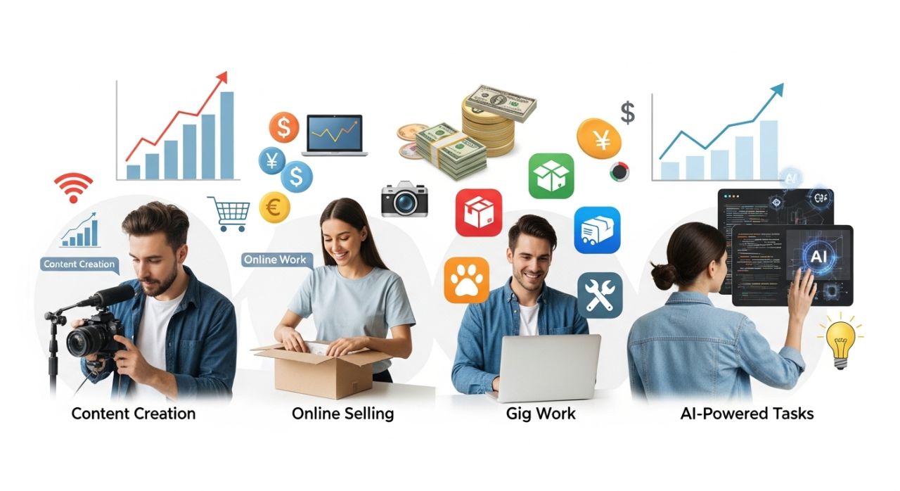 Gen Z earning money through digital side hustles to manage inflation and financial stress.