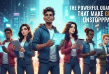 Diverse group of confident Gen Z individuals with digital devices, representing innovation, creativity, and impact.