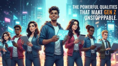 Diverse group of confident Gen Z individuals with digital devices, representing innovation, creativity, and impact.