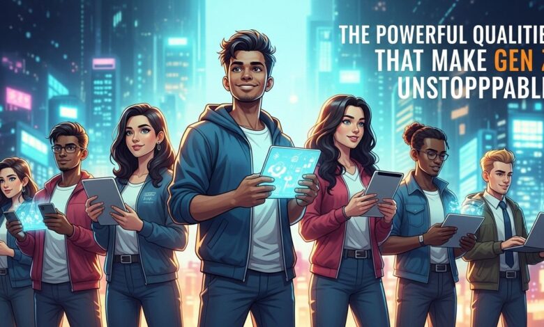 Diverse group of confident Gen Z individuals with digital devices, representing innovation, creativity, and impact.