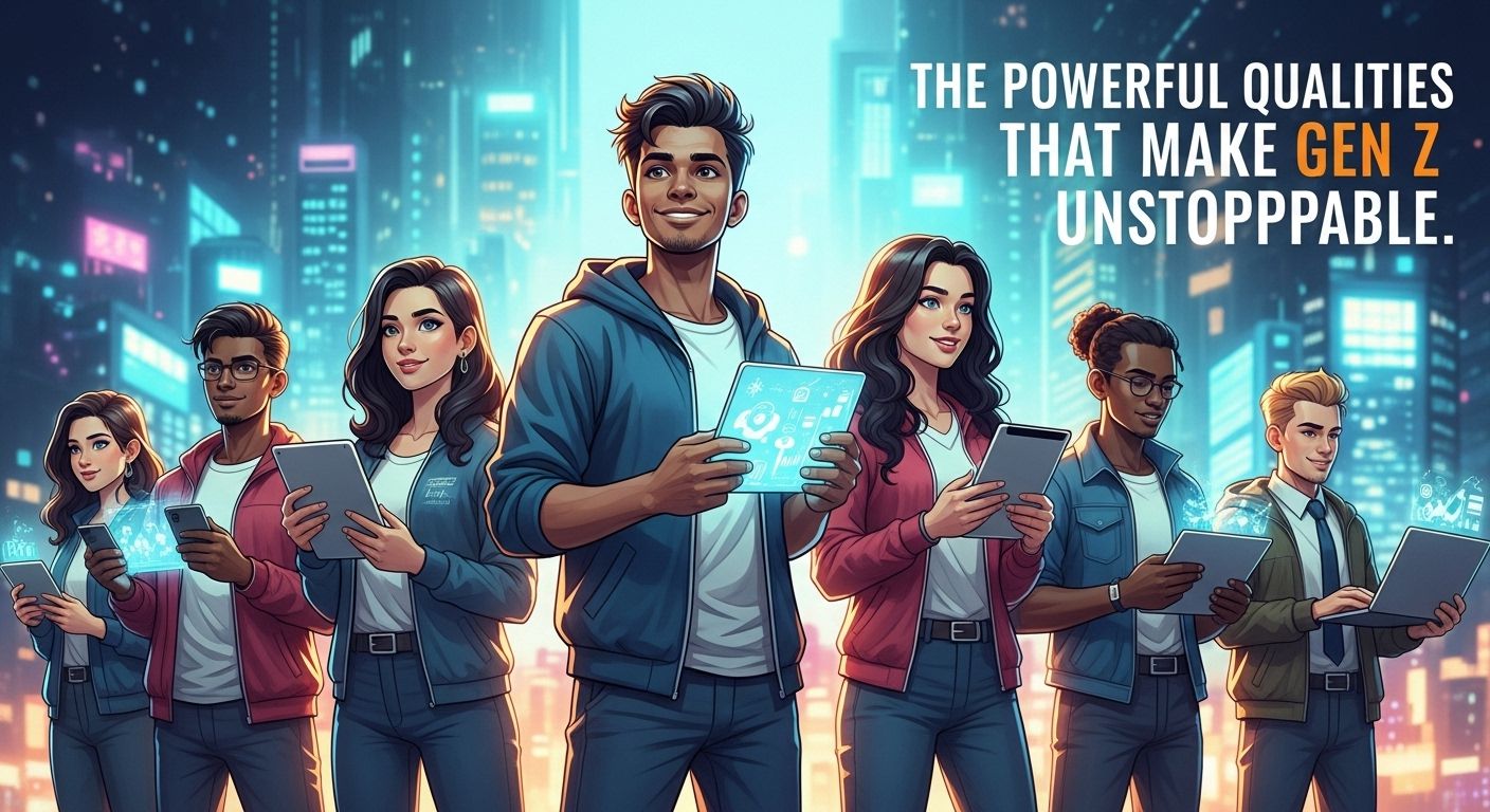 Diverse group of confident Gen Z individuals with digital devices, representing innovation, creativity, and impact.