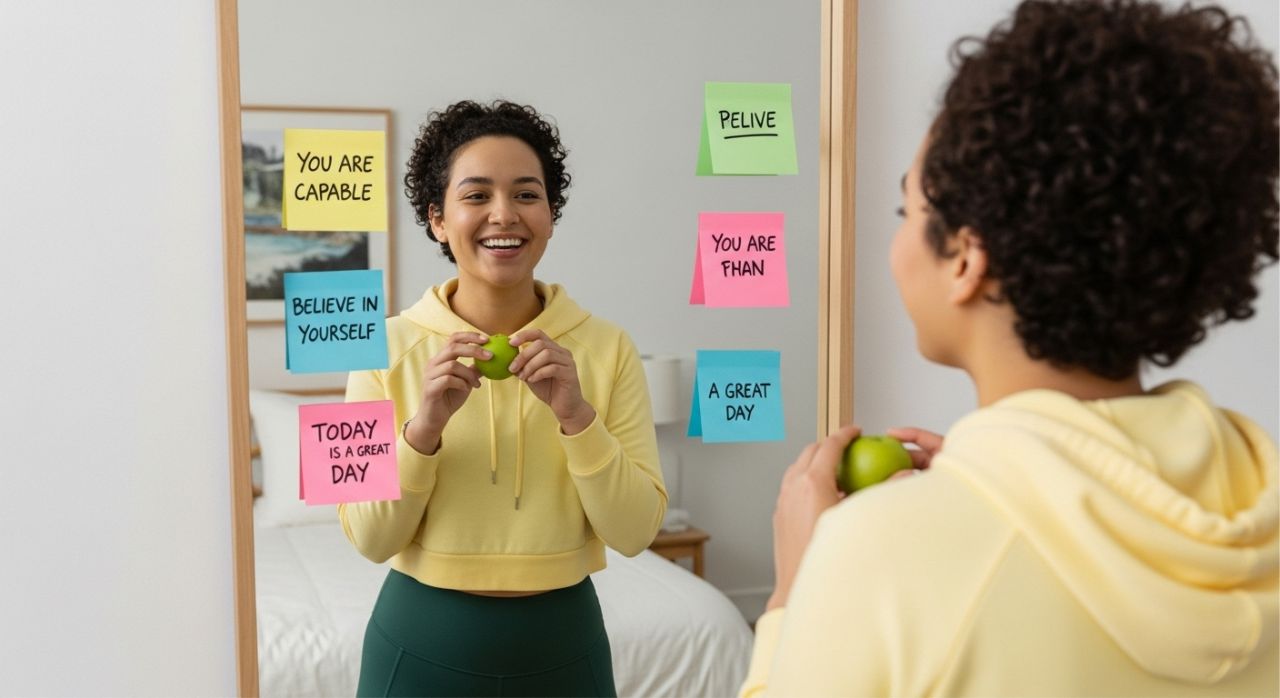 Person practicing daily self-esteem habits like meditation and affirmations with positive notes around a mirror.