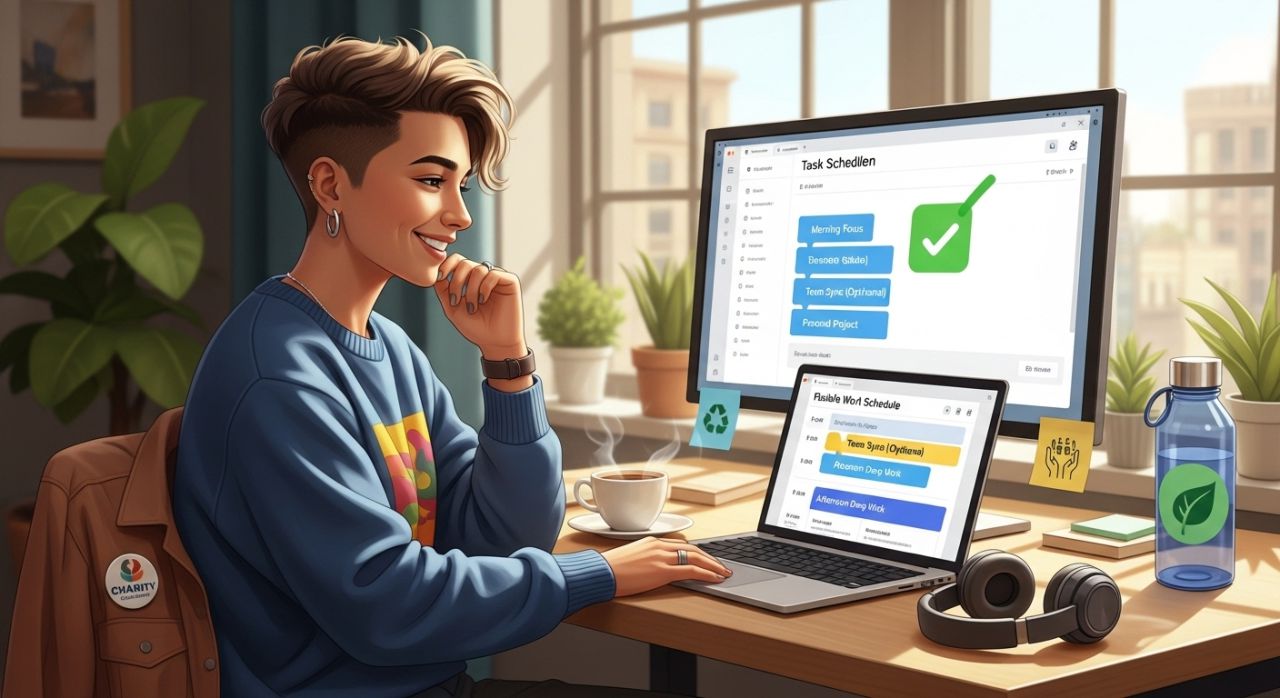 Gen Z employee enjoying flexible work with meaningful projects and balanced lifestyle, symbolizing workplace expectations.
