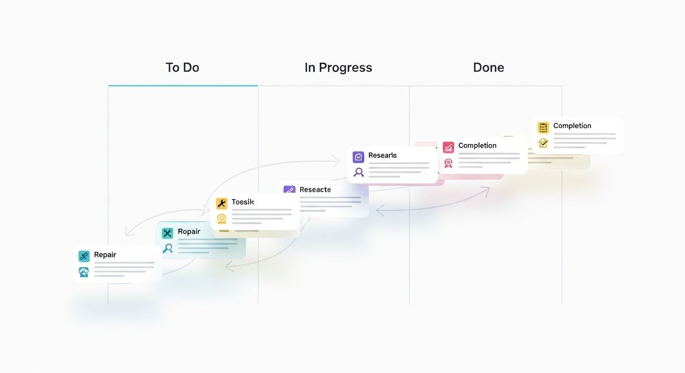 A visual explanation of a kanban board template showing task cards moving through To Do, In Progress, and Done columns.