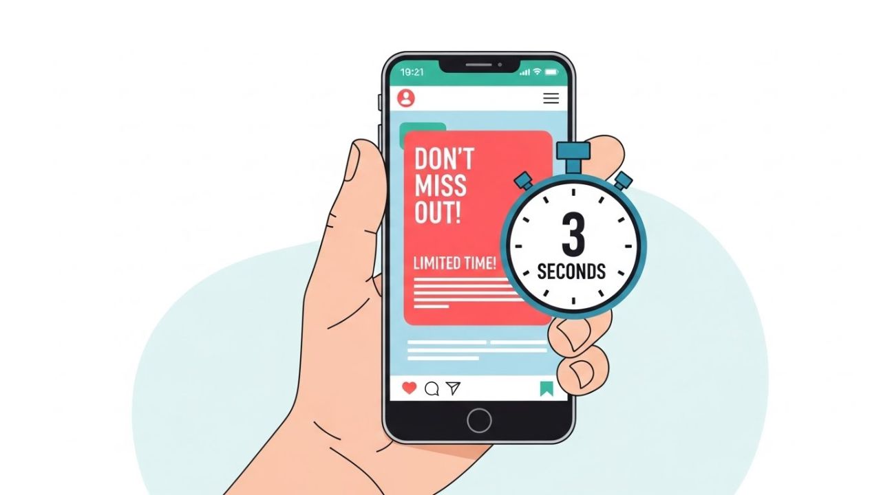 "User scrolling on social media highlighting the first 3 seconds of attention."