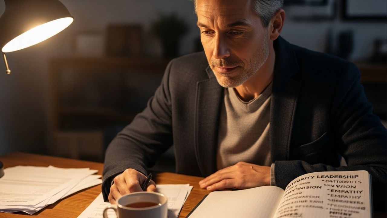 A thoughtful leader reflecting on leadership quotes, representing true confidence and inner strength.