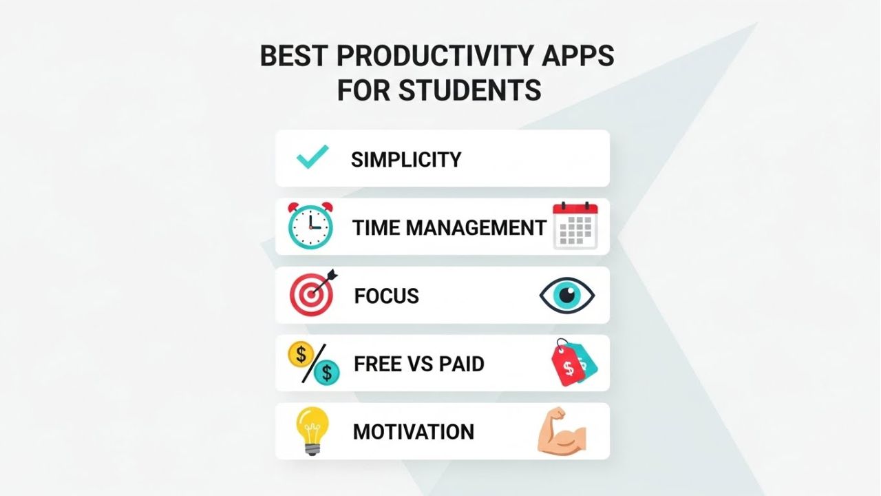 Checklist showing key features of the best productivity apps for students, including simplicity, time management, and focus tools.