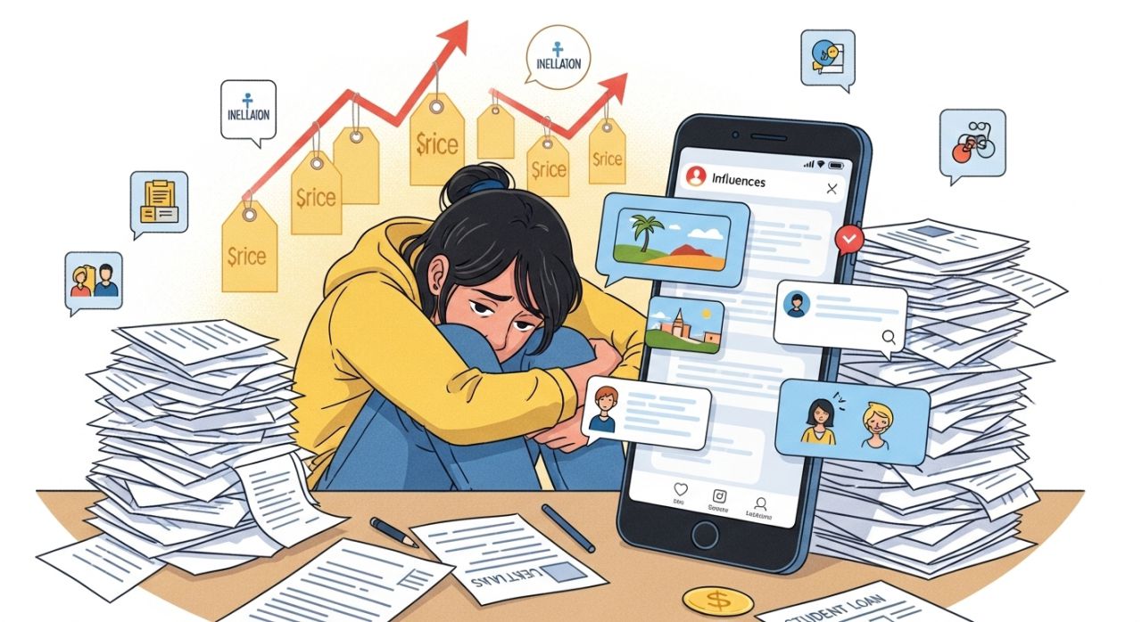 Gen Z feeling financial stress from student debt, inflation, and job insecurity while checking social media.