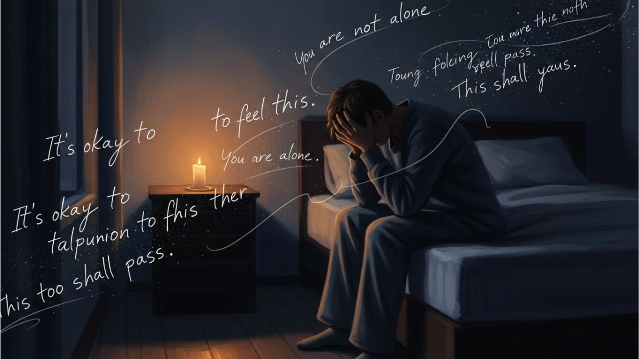 Person in shadow reflecting on spiritual quotes, representing emotional overwhelm and self-compassion.