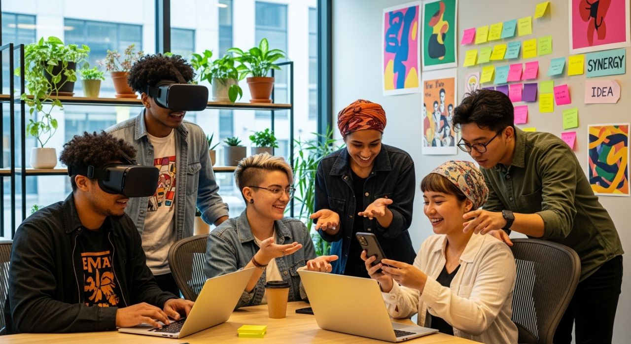 Young Gen Z employees using technology in a modern workspace, representing digital-native workforce traits.