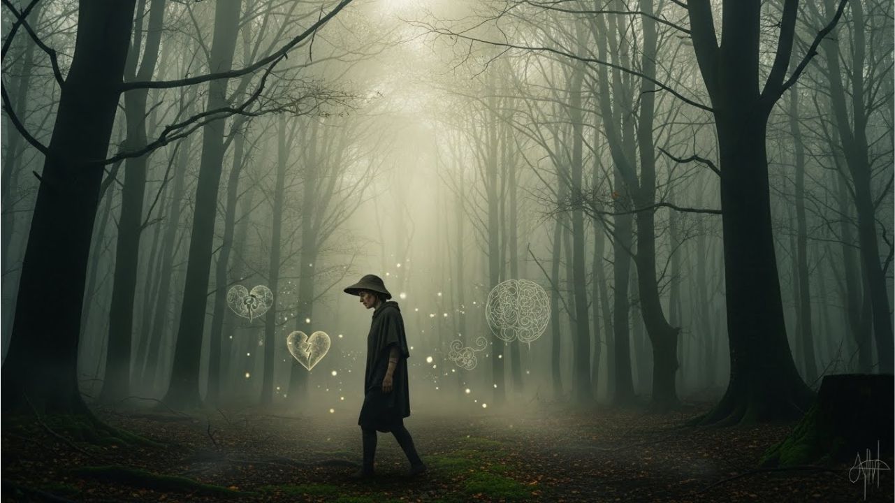 Person walking through a foggy forest, representing discomfort and reflection in spiritual growth.