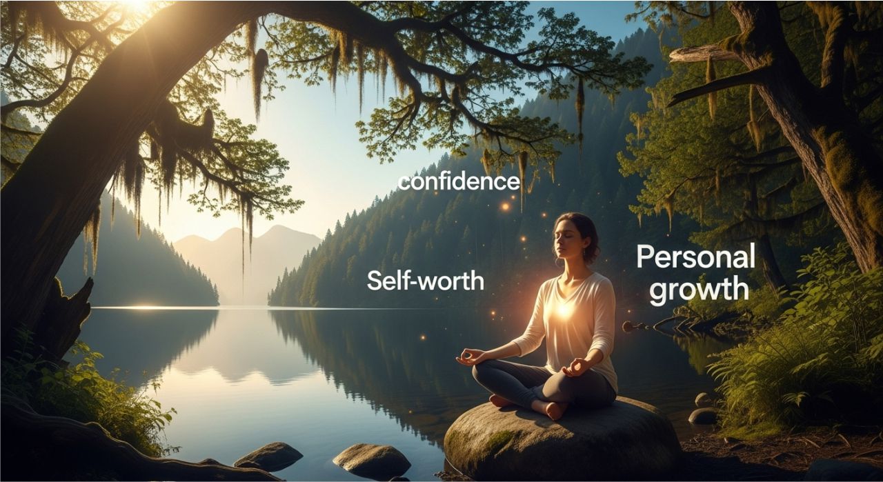 Person meditating in nature with floating words representing confidence, self-worth, and personal growth.