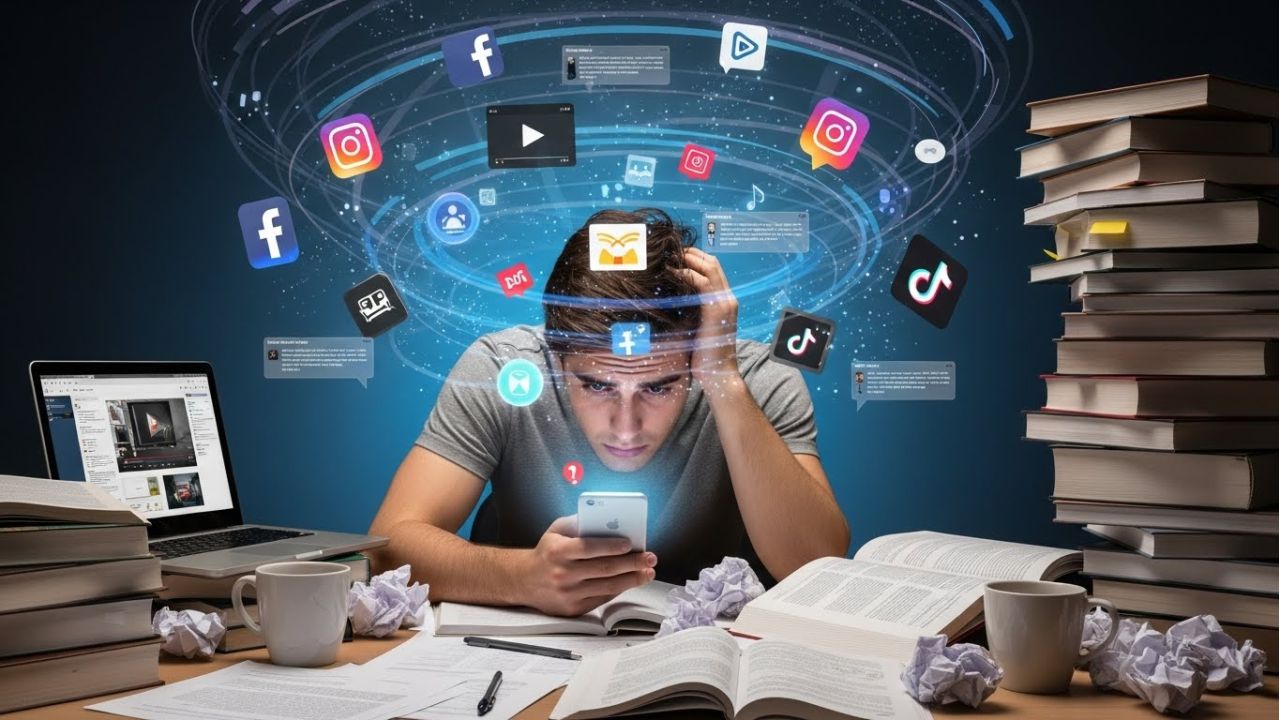 Stressed student distracted by digital notifications and study materials, illustrating why students struggle with procrastination in the digital age.