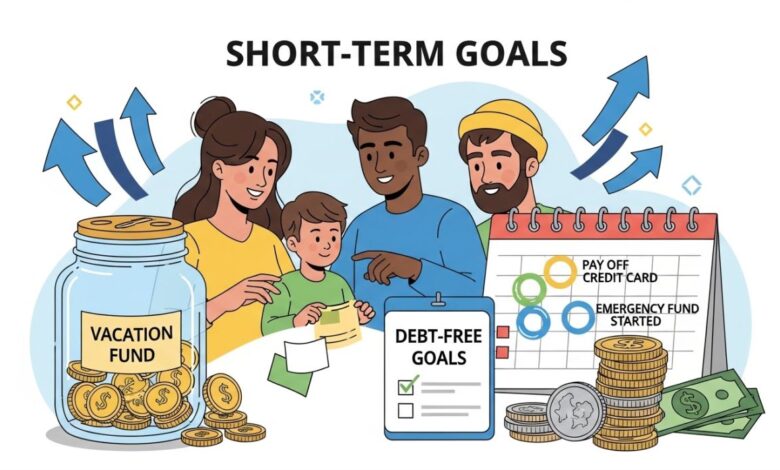 Thumbnail showing a happy family managing money with icons for savings, debt payoff, and financial growth.