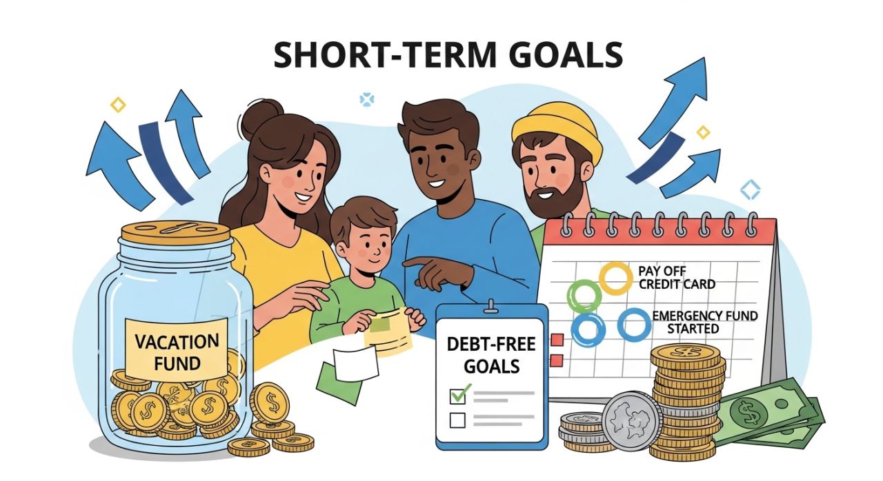 Thumbnail showing a happy family managing money with icons for savings, debt payoff, and financial growth.
