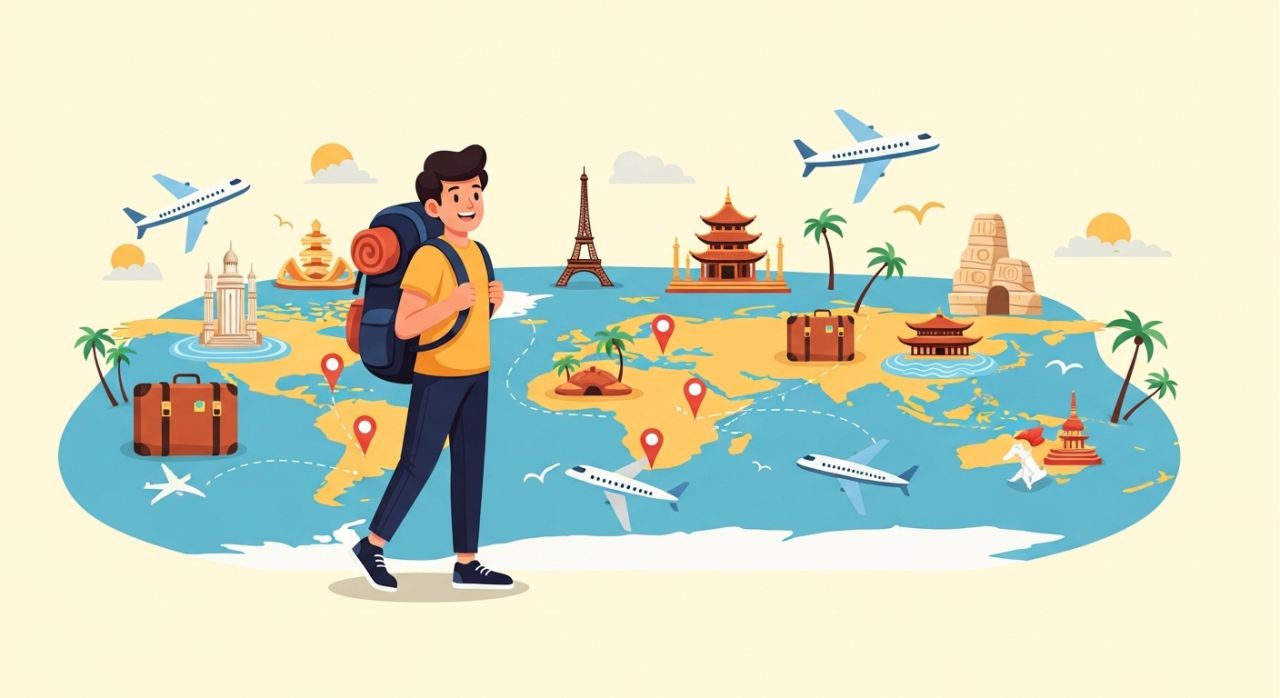 Thumbnail showing a happy traveler with a backpack exploring budget-friendly destinations around the world.