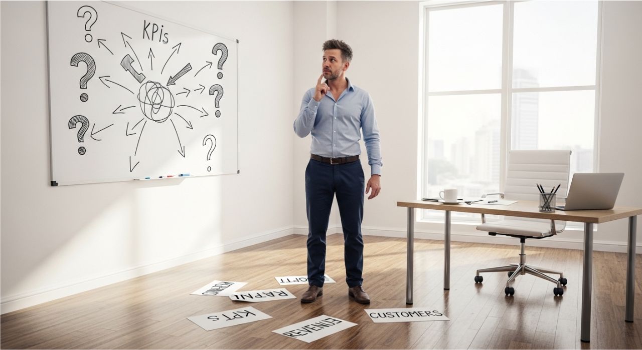 "Confused entrepreneur facing a blank whiteboard with scattered business goal papers."