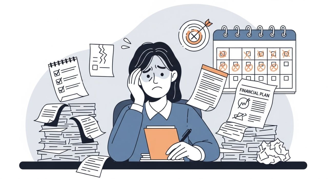 Person making common mistakes in short-term financial planning, like unrealistic goals and missed tracking.