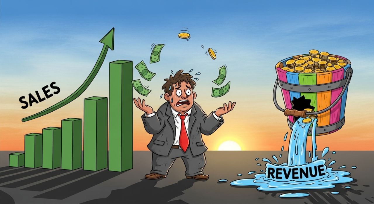 "Business owner chasing sales while long-term revenue leaks away, highlighting unsustainable growth."
