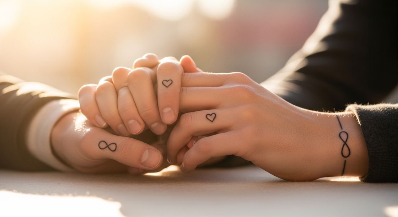Couple holding hands with matching tattoos, symbolizing emotional connection and trust.