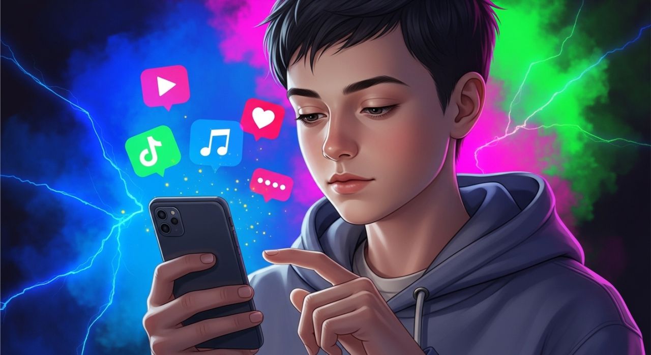 Teen with blank expression watching short-form videos, showing how social media influences the Gen Z stare.