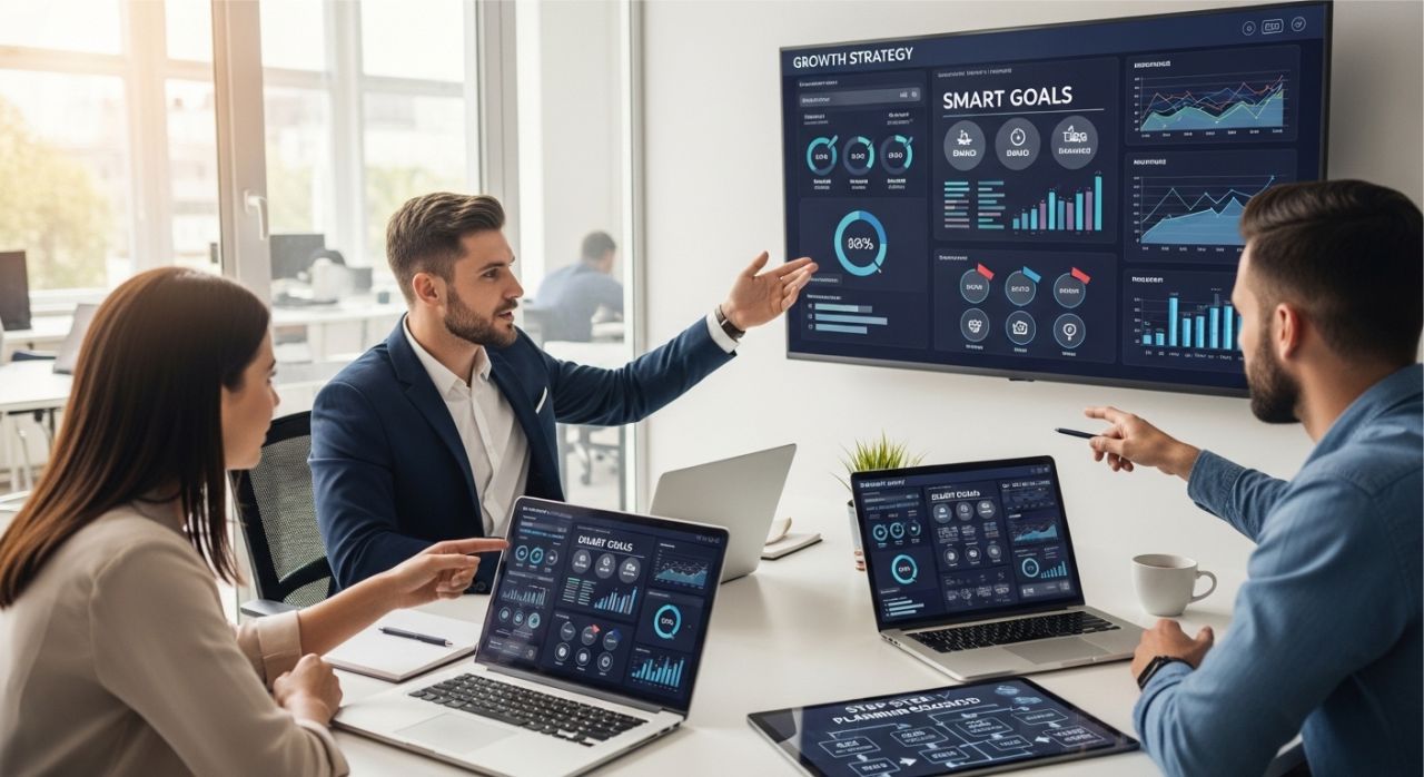 "Confident business owner and team actively building a small business growth strategy with charts and dashboards."