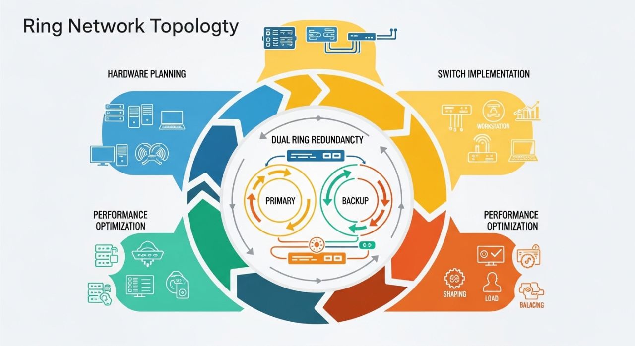 Illustration showing how to design a ring network topology with hardware planning, dual rings, and optimized performance.
