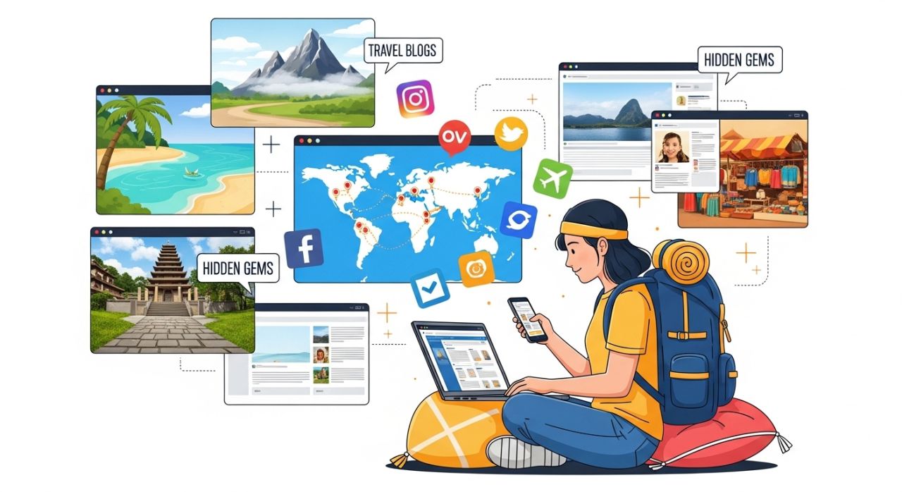 Traveler using a laptop and phone to discover hidden budget travel destinations.