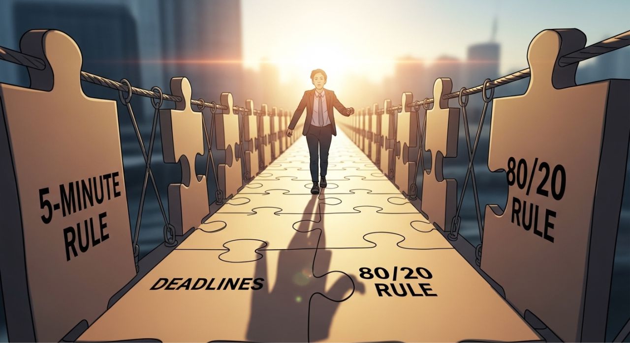 Person confidently moving forward across labeled puzzle pieces, symbolizing fast decision-making techniques.