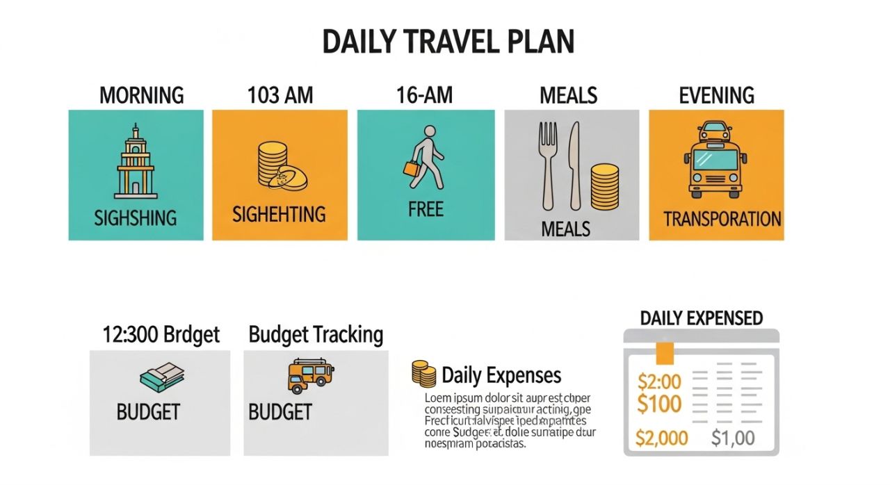 Illustration of a traveler planning a budget-friendly travel itinerary with icons for activities and expenses.