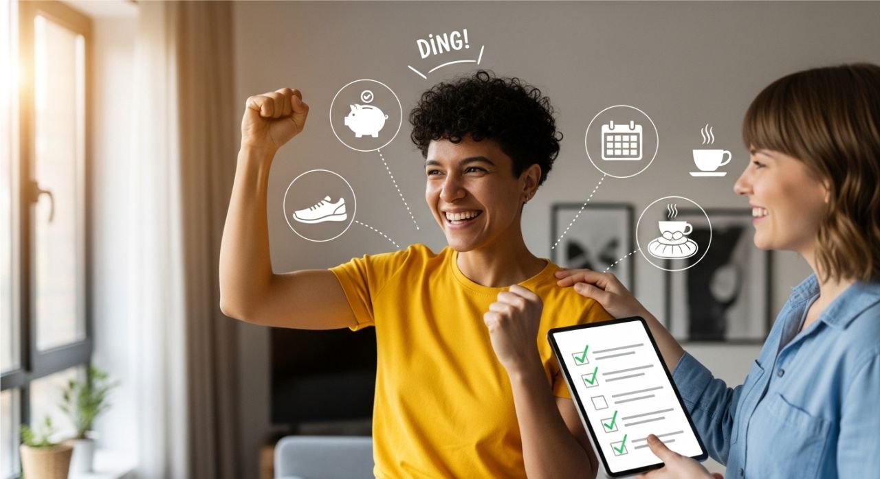 Person achieving short-term financial goals quickly using habit stacking and accountability systems.