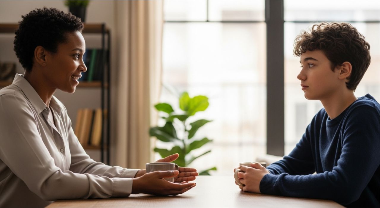 Adult responding patiently to a teen giving a Gen Z stare, demonstrating effective cross-generational communication.
