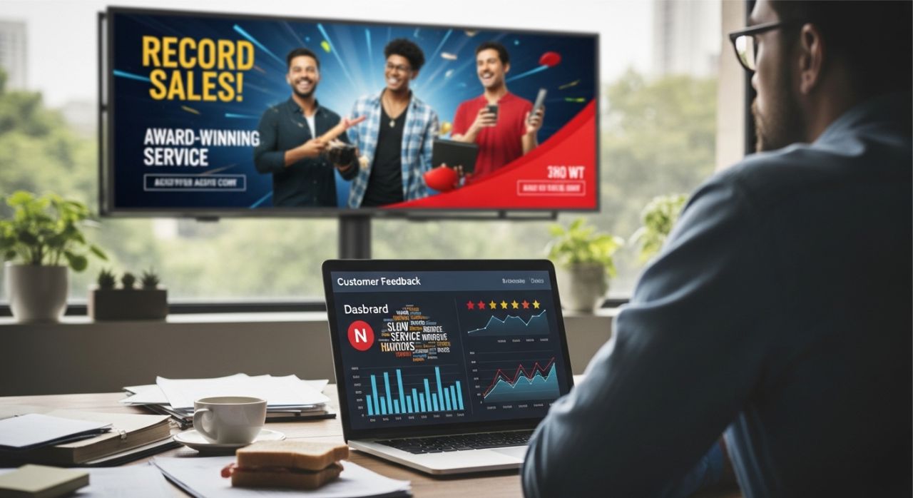 "Business owner overlooking customer insights and market data, missing key growth opportunities."