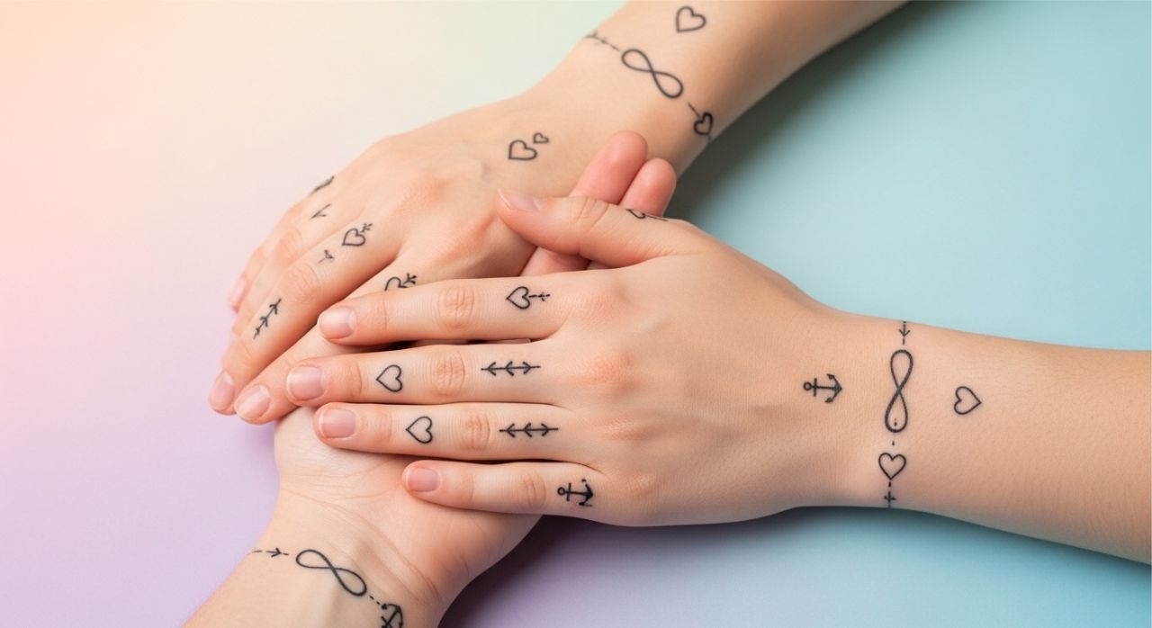 Close-up of symbolic couple tattoos like infinity, hearts, and anchors, representing true love.