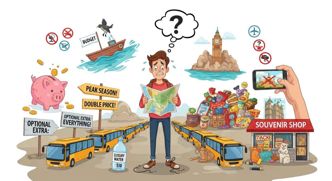 Traveler encountering common budget travel mistakes like tourist traps and peak-season costs.