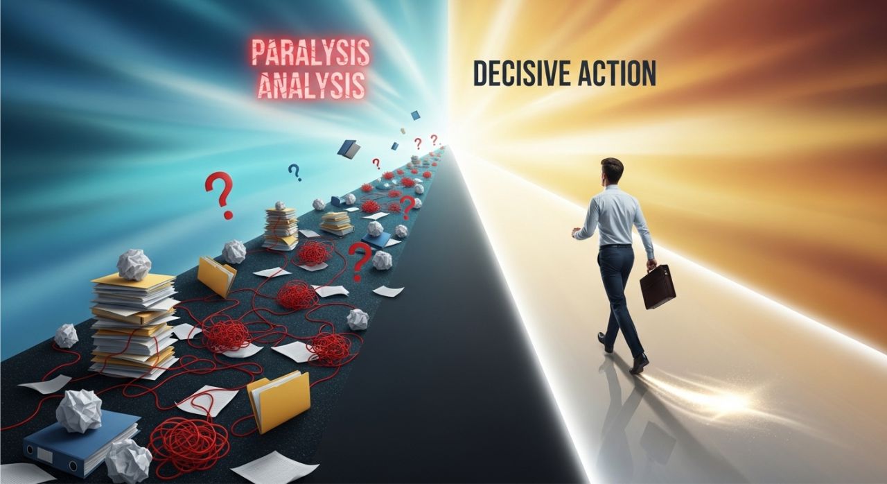 Comparison of a cluttered path for paralysis analysis and a clear path for decisive action, showing mindset shift.