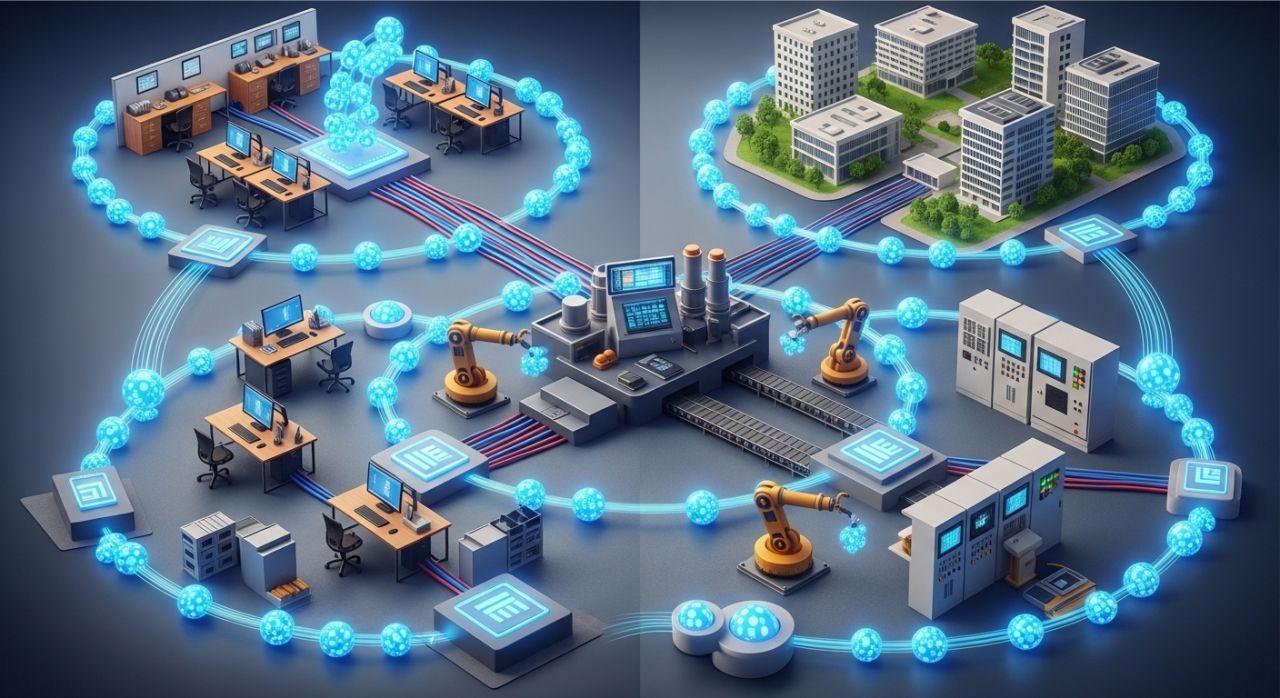 Real-world examples of ring network topology connecting computers and devices in offices, factories, and campus networks.