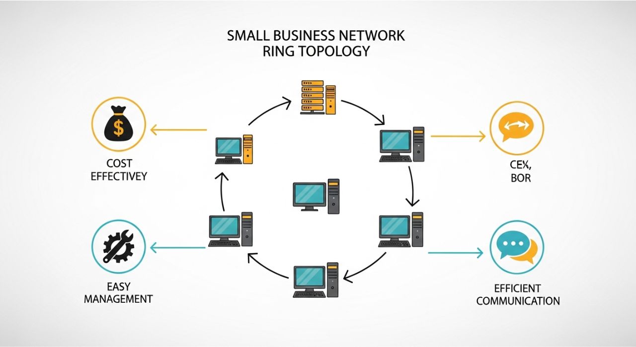 Ring network topology setup in a small business showing organized data flow and efficient communication.