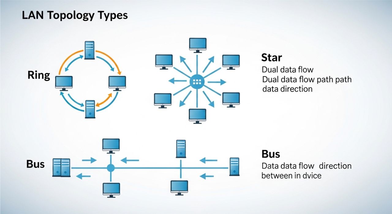 Visual comparison of ring, star, and bus network topologies showing their structure and data flow differences.